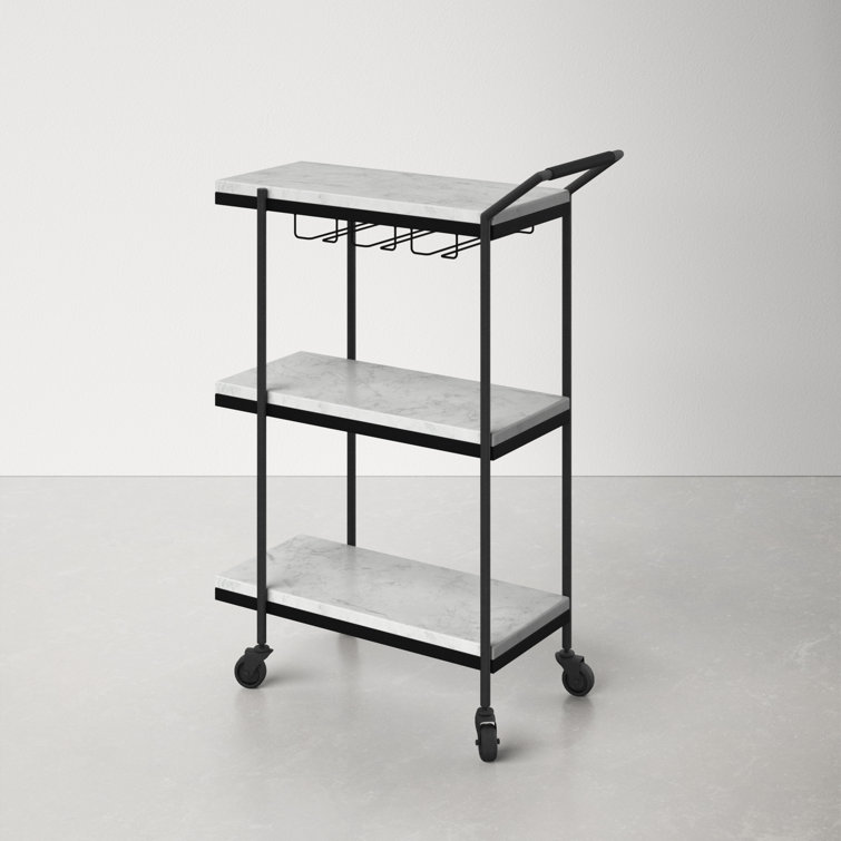 White Marble and Black Iron Bar Cart with Storage