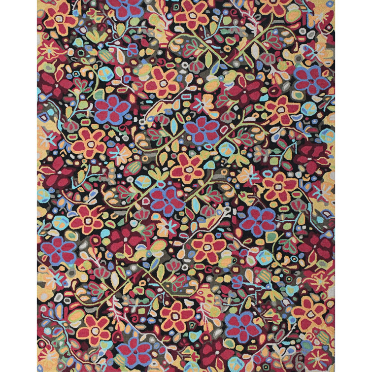 Black and Multicolor Floral Wool 8' x 10' Area Rug