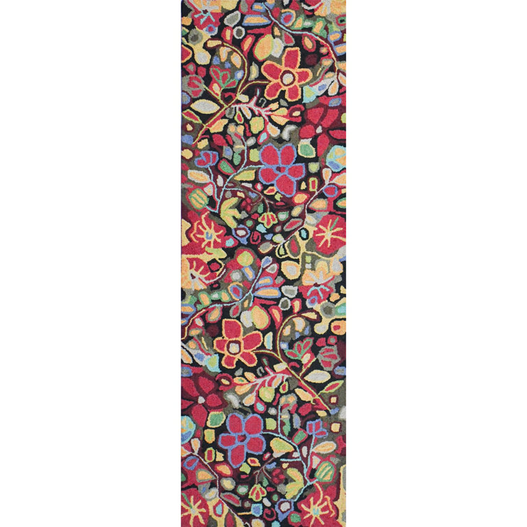 Handmade Black Floral Wool Runner Rug 2'6" x 8'