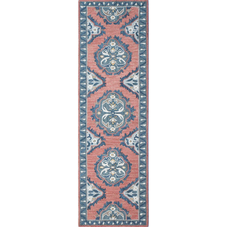 Vintage Red and Blue Hand-Tufted Wool Runner Rug