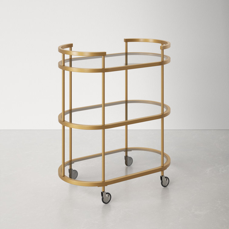 Evelyn Oval Brass Bar Cart with Tempered Glass Shelves