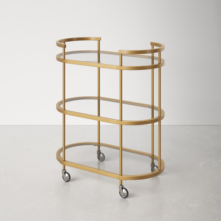 Evelyn Oval Brass Bar Cart with Tempered Glass Shelves
