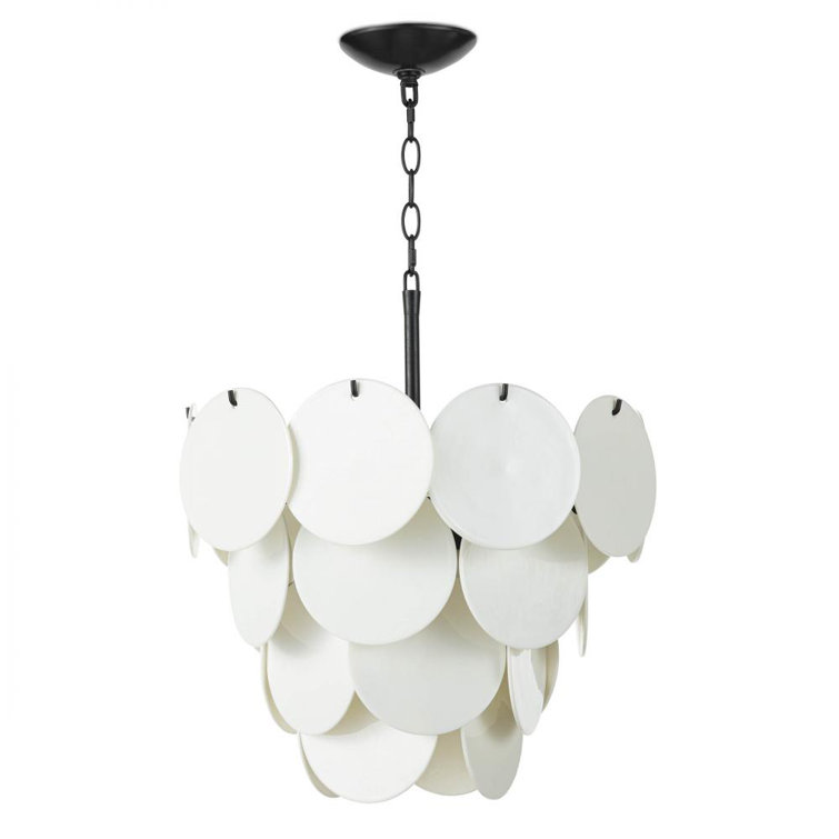 White Glass Disc Modern Chandelier with Blackened Iron Frame