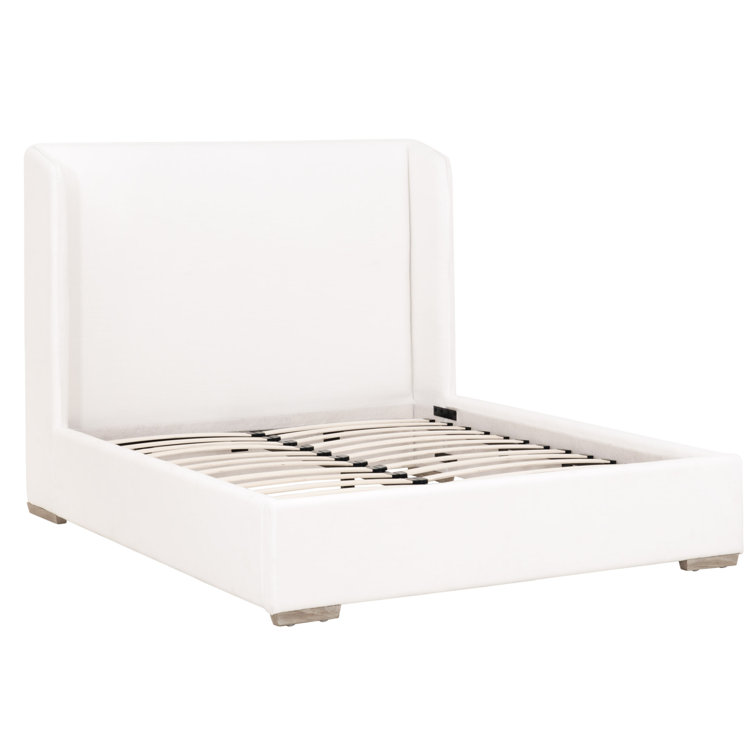 White Upholstered Queen Platform Bed with Oak Frame and Storage