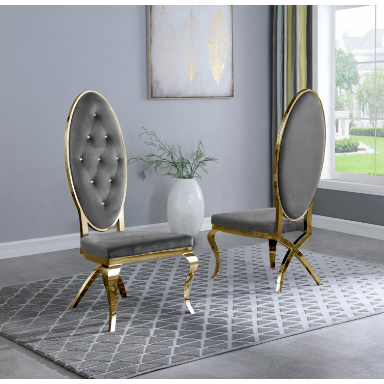 Gray Velvet and Glass 7-Piece Dining Set with Silver Pedestal Base