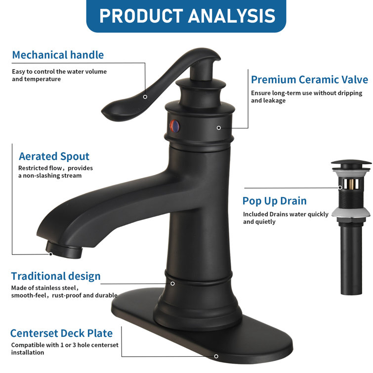Matte Black Single Handle Bathroom Faucet with Drain Assembly