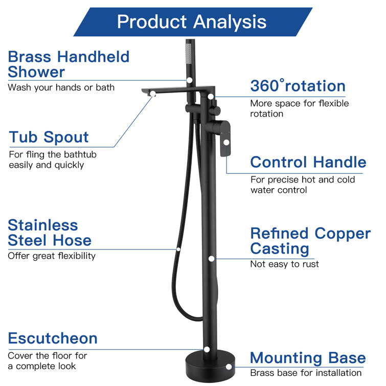 Matte Black Brass Freestanding Bathtub Faucet with Hand Shower