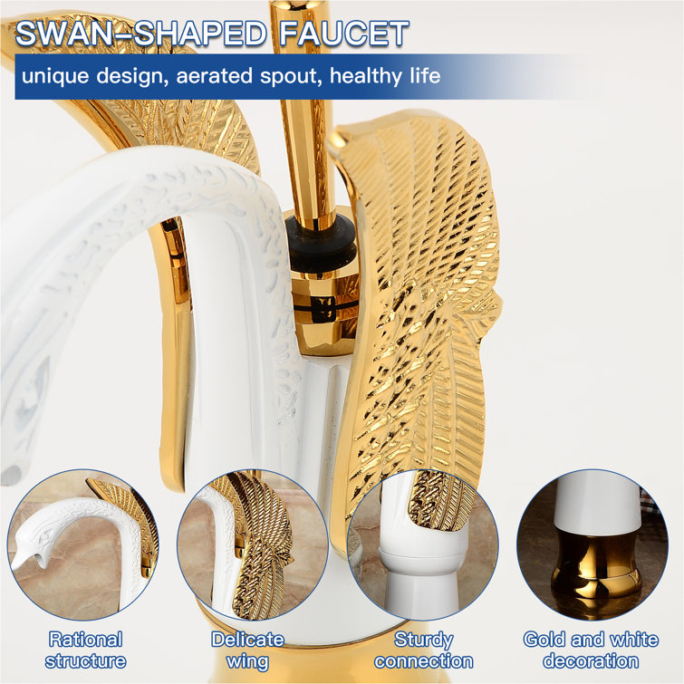 White and Gold Swan Single Hole Single-Handle Bathroom Faucet