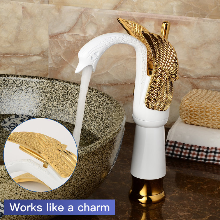 White and Gold Swan Single Hole Single-Handle Bathroom Faucet
