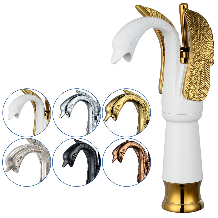 White and Gold Swan Single Hole Single-Handle Bathroom Faucet