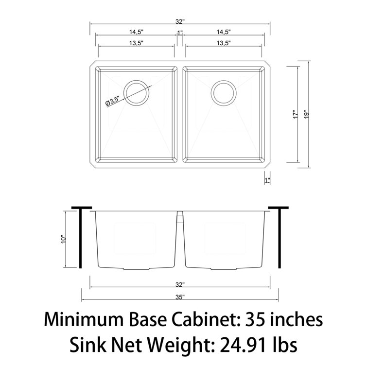 Sinber 32" Black Stainless Steel Double Bowl Drop-in Kitchen Sink