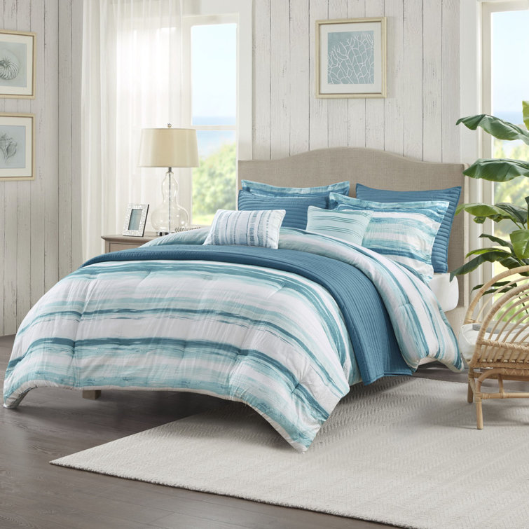 Aqua Microfiber Reversible Full Comforter Set with Channel Stitch