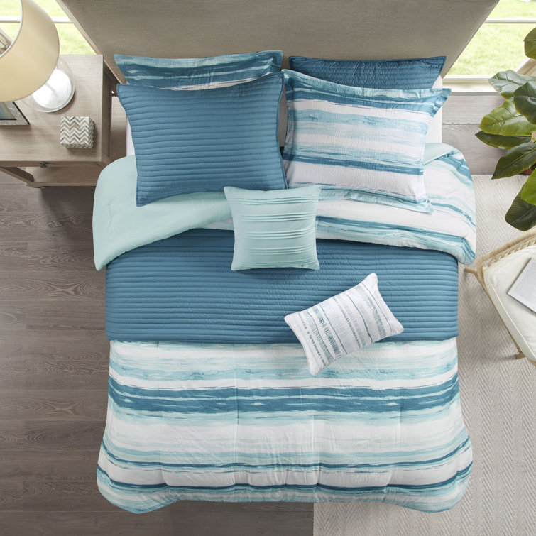 Aqua Microfiber Reversible Full Comforter Set with Channel Stitch