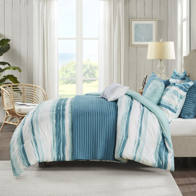 Aqua Microfiber Reversible Full Comforter Set with Channel Stitch