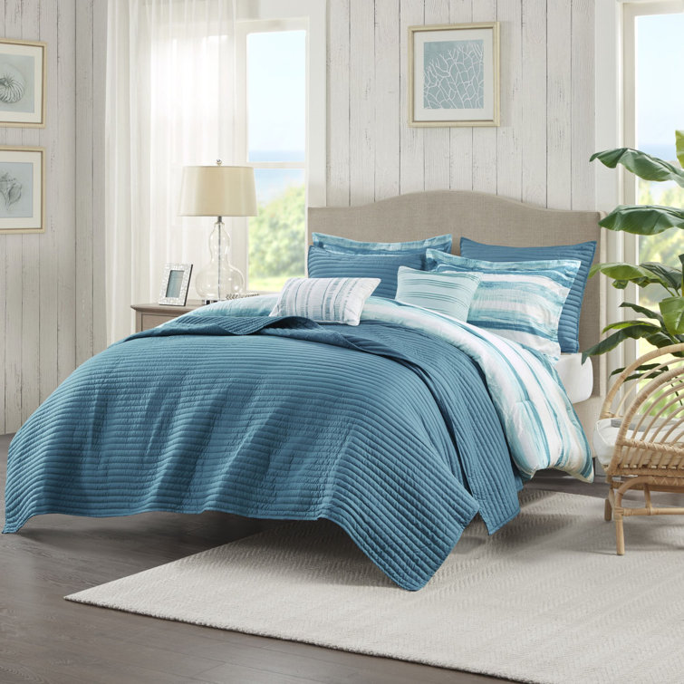Aqua Microfiber Reversible Full Comforter Set with Channel Stitch