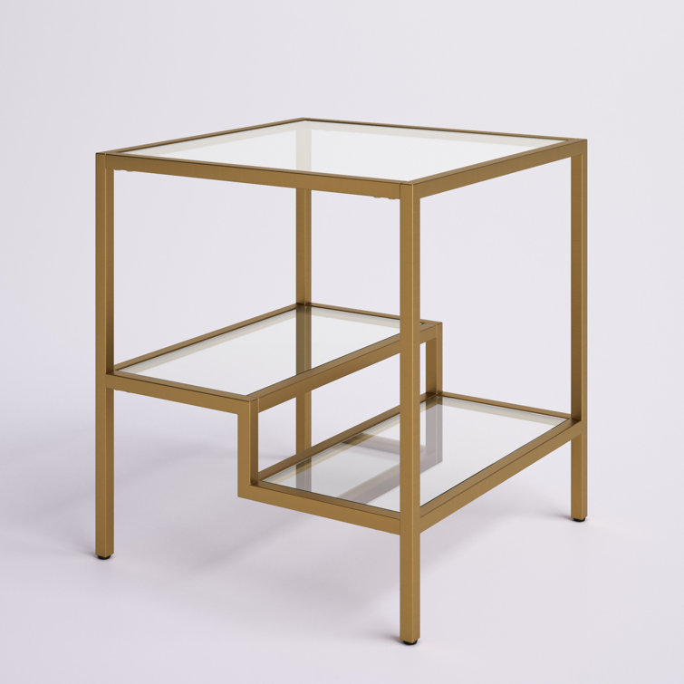 22-Inch Black and Clear Glass Square End Table with Brass Base