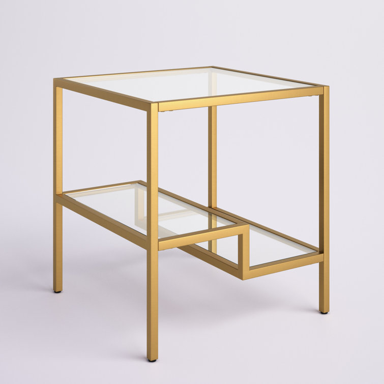 22-Inch Black and Clear Glass Square End Table with Brass Base