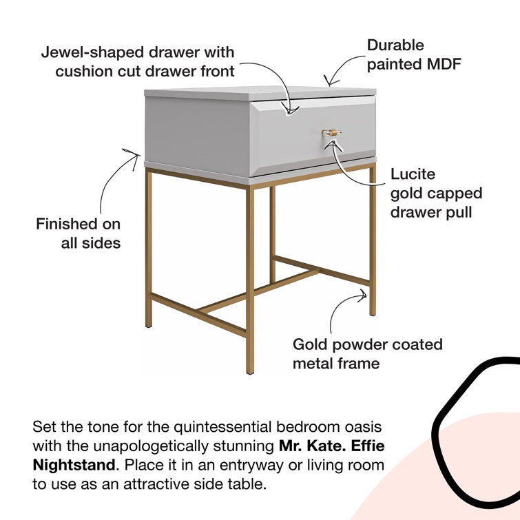 Effie White and Gold 1-Drawer Nightstand with Lucite Pull