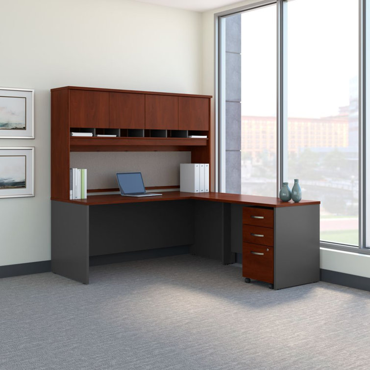 Hansen Cherry Graphite Gray L-Shaped Desk with Hutch and Filing Cabinet