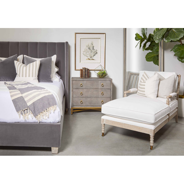 Natural Gray Oak and Pearl Upholstered Chaise Lounge with Brass Castors