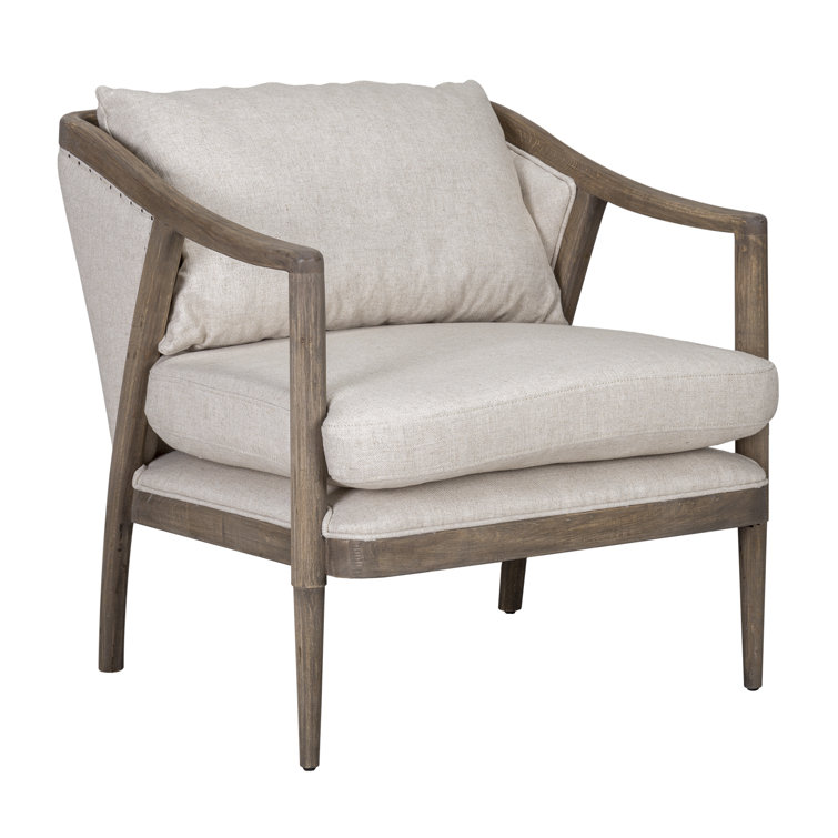 Transitional Beige Leather Swivel Accent Chair with Oak Accents