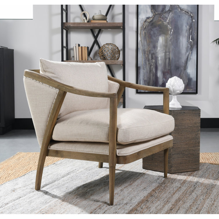 Transitional Beige Leather Swivel Accent Chair with Oak Accents