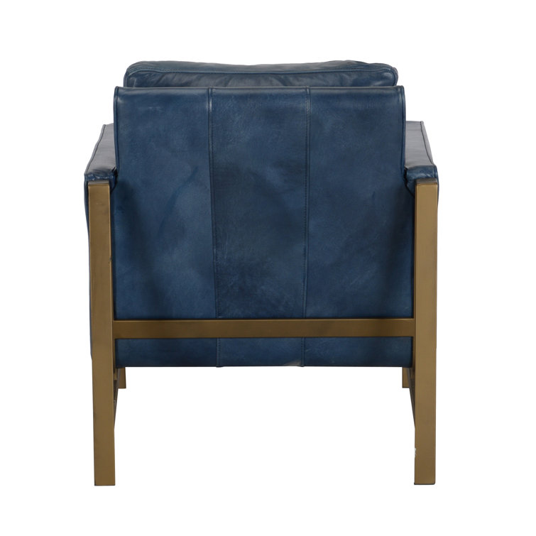 Transitional Blue Leather Club Accent Chair with Brass Metal Frame