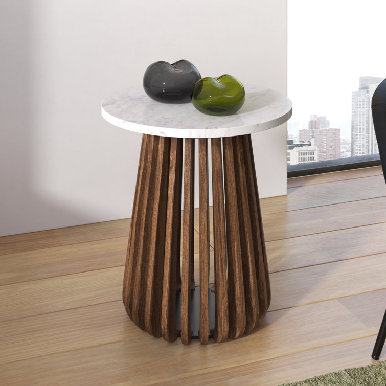 Round Marble Top Pedestal End Table with Acacia Base