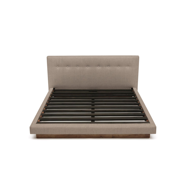 Ash Linen Blend Tufted Low Profile California King Bed with Walnut Frame