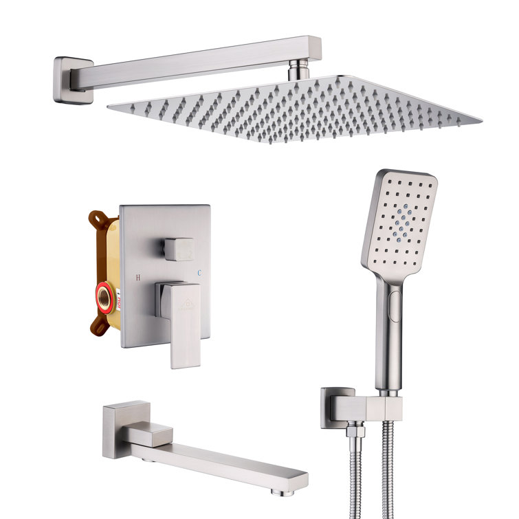Brushed Nickel Wall Mounted Square Rain Shower System with Handheld