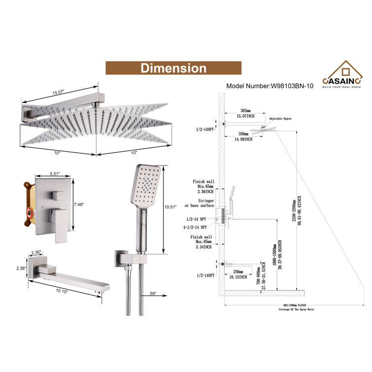 Brushed Nickel Wall Mounted Square Rain Shower System with Handheld