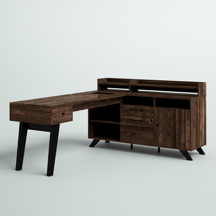 Natural Walnut L-Shaped Executive Desk with Hutch and Power Outlet