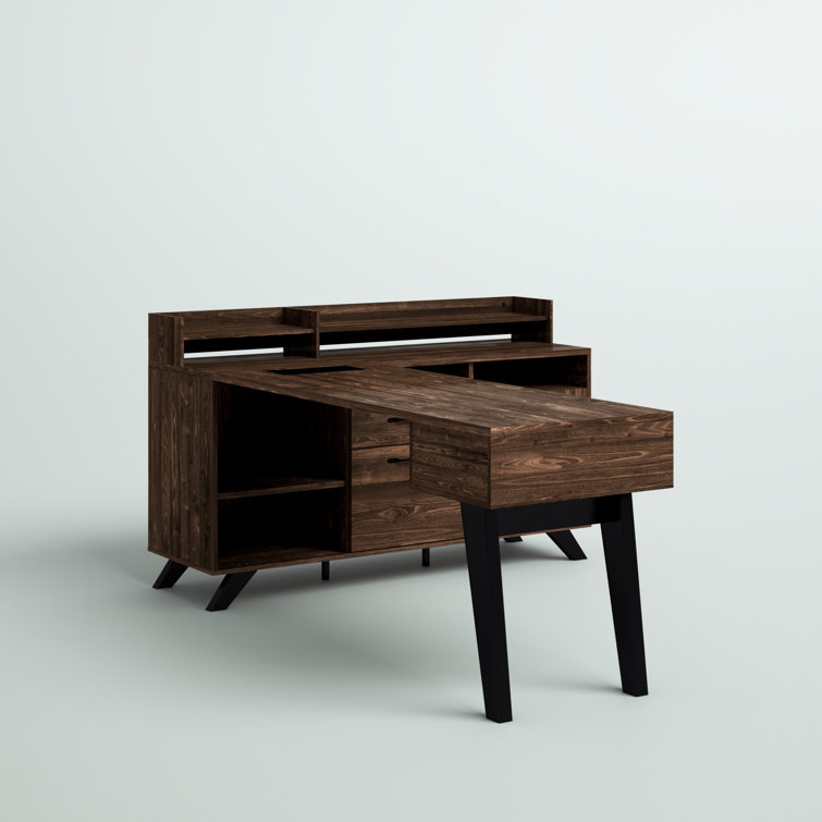 Natural Walnut L-Shaped Executive Desk with Hutch and Power Outlet