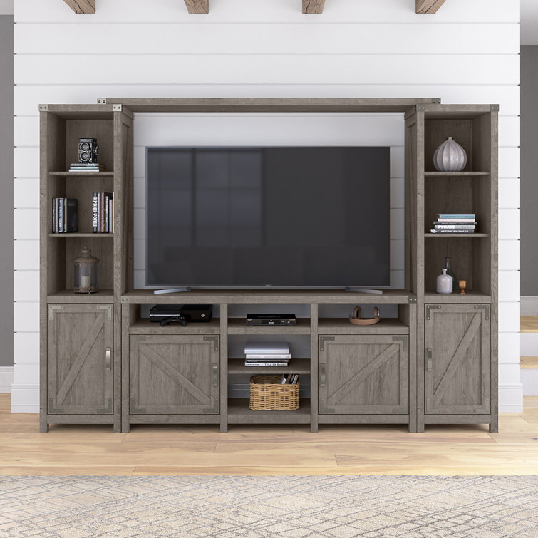 Restored Gray 65" Farmhouse TV Stand with Cabinets