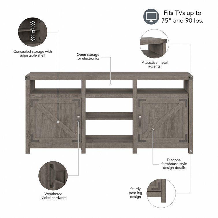 Restored Gray 65" Farmhouse TV Stand with Cabinets