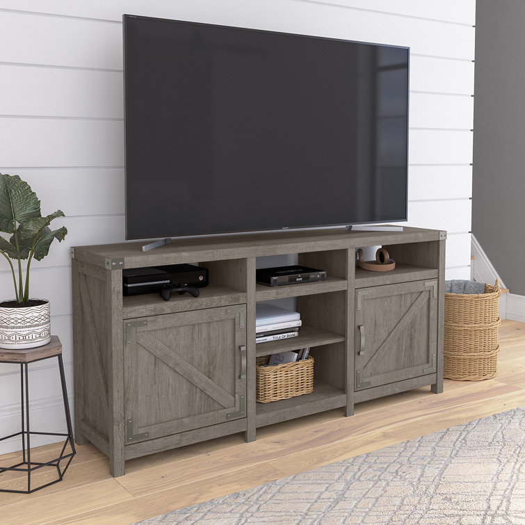 Restored Gray 65" Farmhouse TV Stand with Cabinets