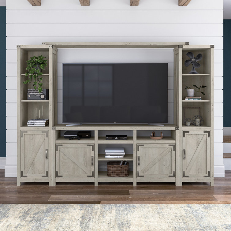 Cottage White Farmhouse TV Stand with Cabinets and Shelves