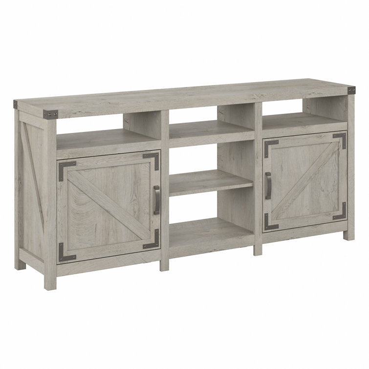 Cottage White Farmhouse TV Stand with Cabinets and Shelves