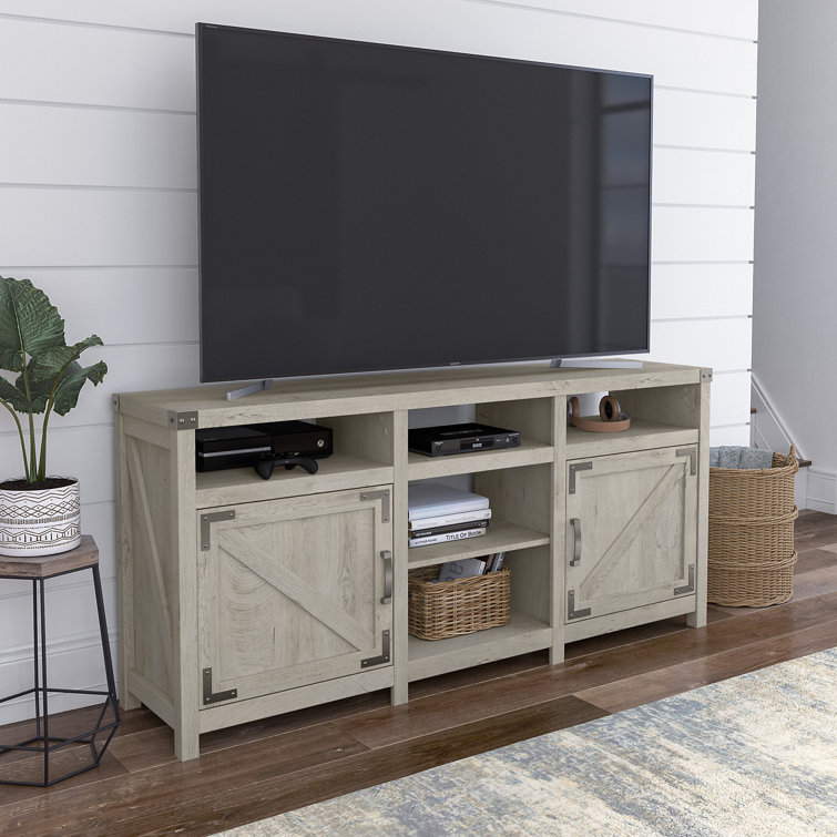 Cottage White Farmhouse TV Stand with Cabinets and Shelves