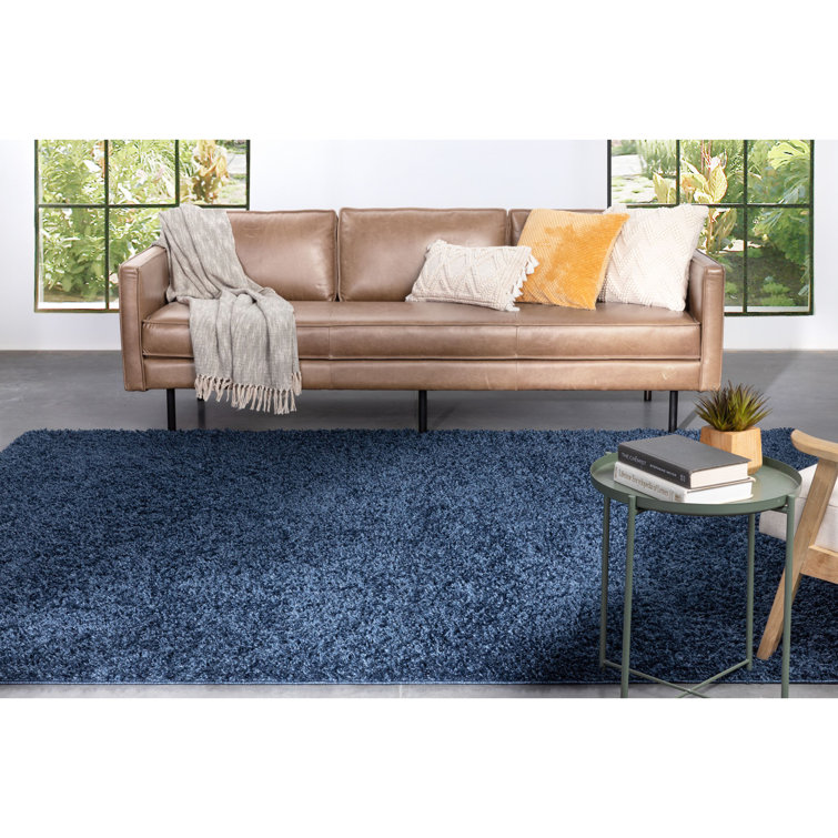 Dark Blue Reversible Solid Shag Synthetic Area Rug