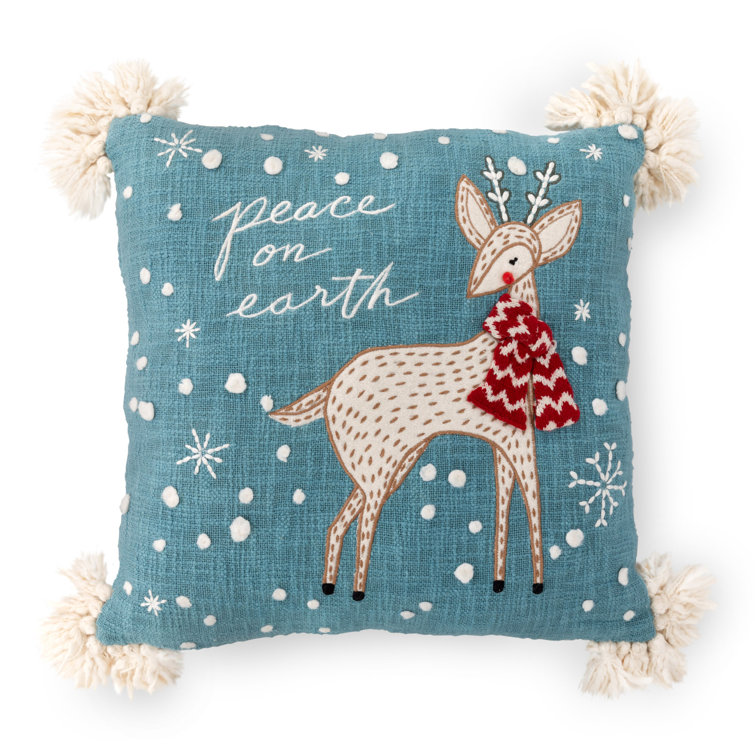 18" Blue Embroidered Cotton Deer Throw Pillow