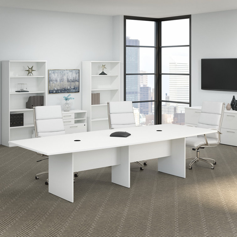 White Boat-Shaped Conference Table with Wood Base, 119.2"