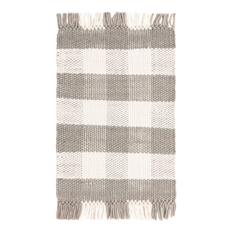 Gray Plaid Rectangular Synthetic Fringe Area Rug
