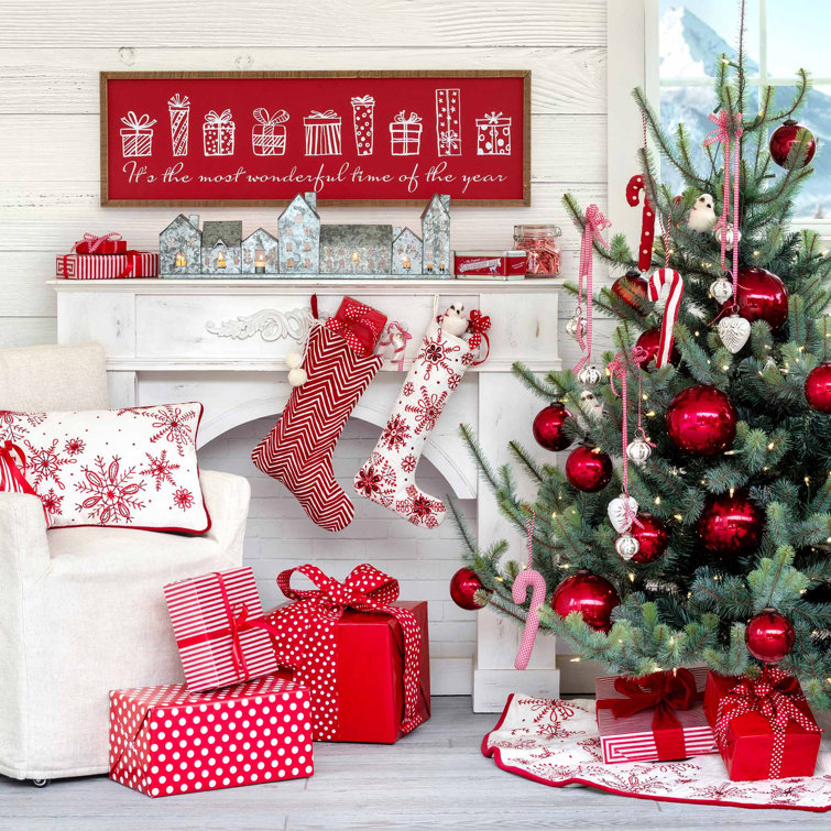 22" Red and White Embroidered Cotton Snowflake Pillow