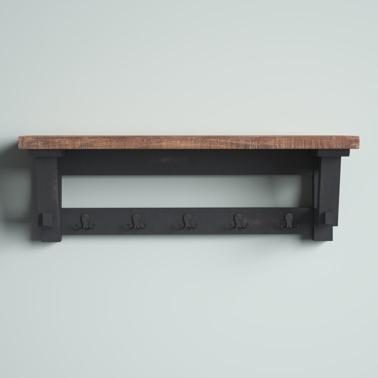 Rustic Industrial 42" Wood Coat Rack with Shelf and Hooks