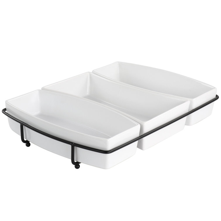 Elegant White Ceramic Tidbit Serving Set with Metal Rack
