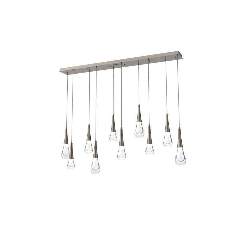 Ethereal Raindrop 9-Light Silver Linear Island Chandelier with Blown Glass