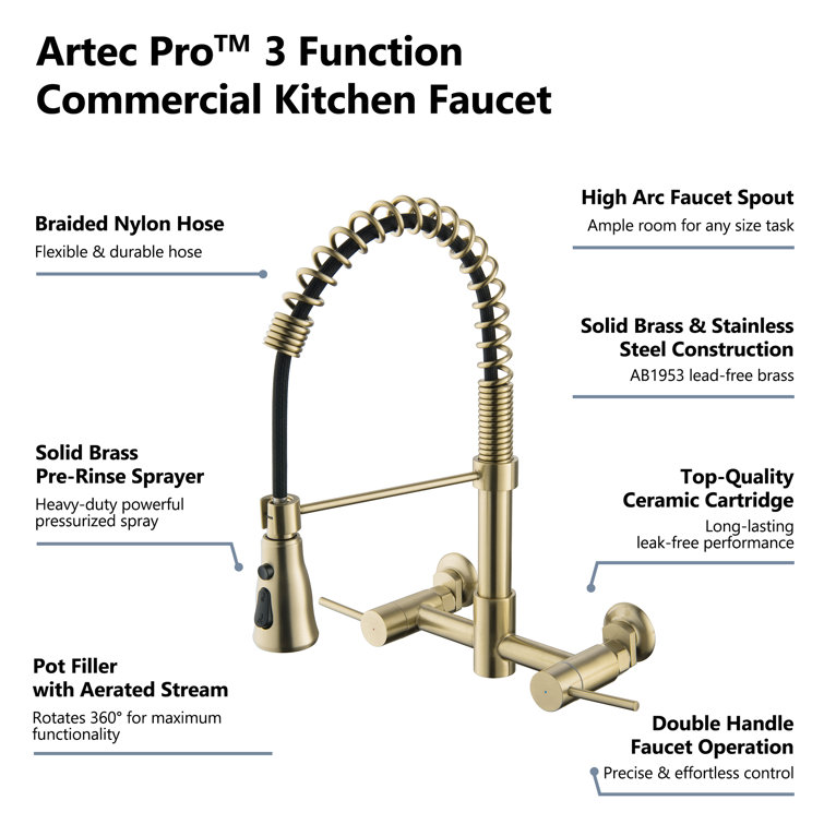 Brushed Gold Wall-Mounted Kitchen Faucet with Pull-Out Spray