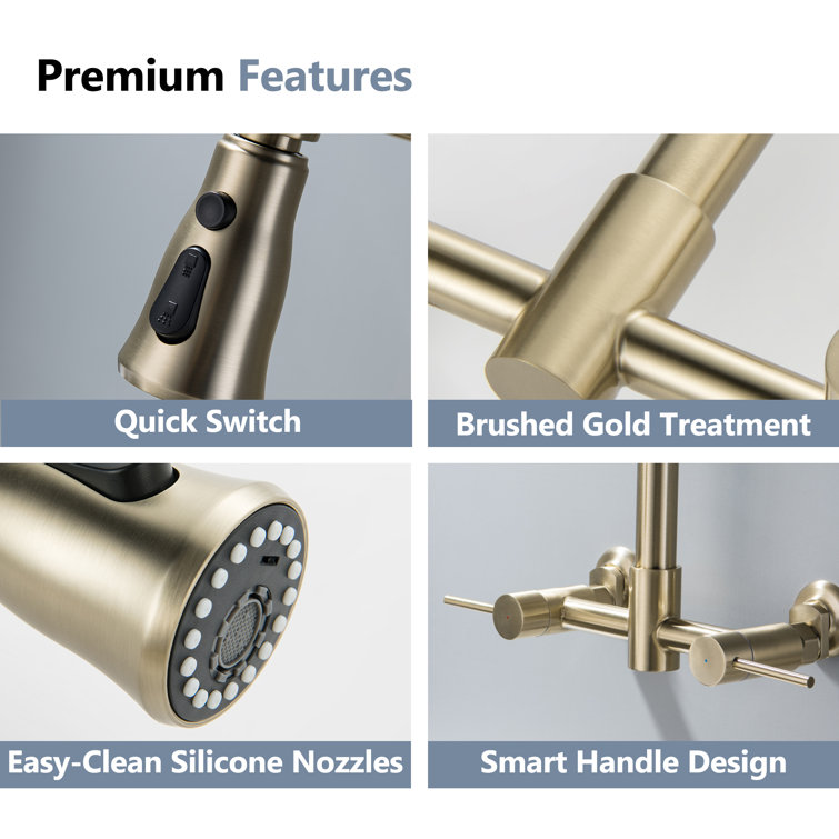 Brushed Gold Wall-Mounted Kitchen Faucet with Pull-Out Spray