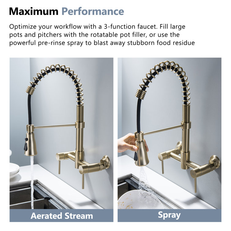 Brushed Gold Wall-Mounted Kitchen Faucet with Pull-Out Spray